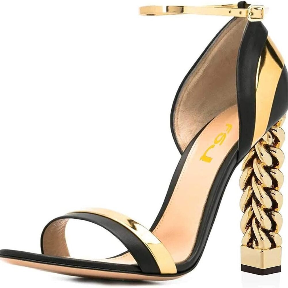 Women Flower Gold Metal Chain Chunky High Heel Sandals Open Toe Dressy Shoes